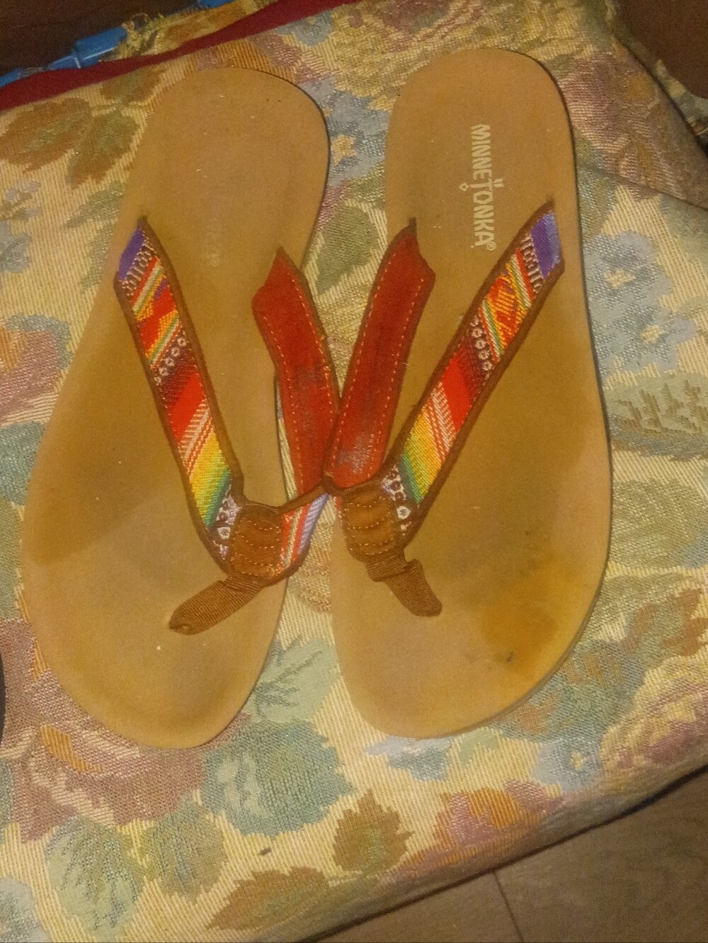 Minnetonka Brown Sandals with Multicolor Woven Straps - Women